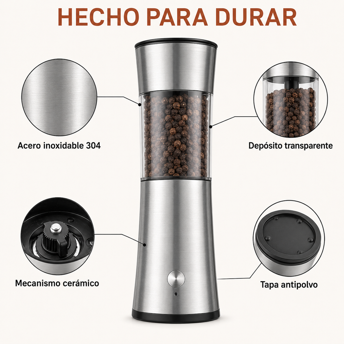 Set 2 Molinos Eléctricos Sal Pimienta Recargables USB C