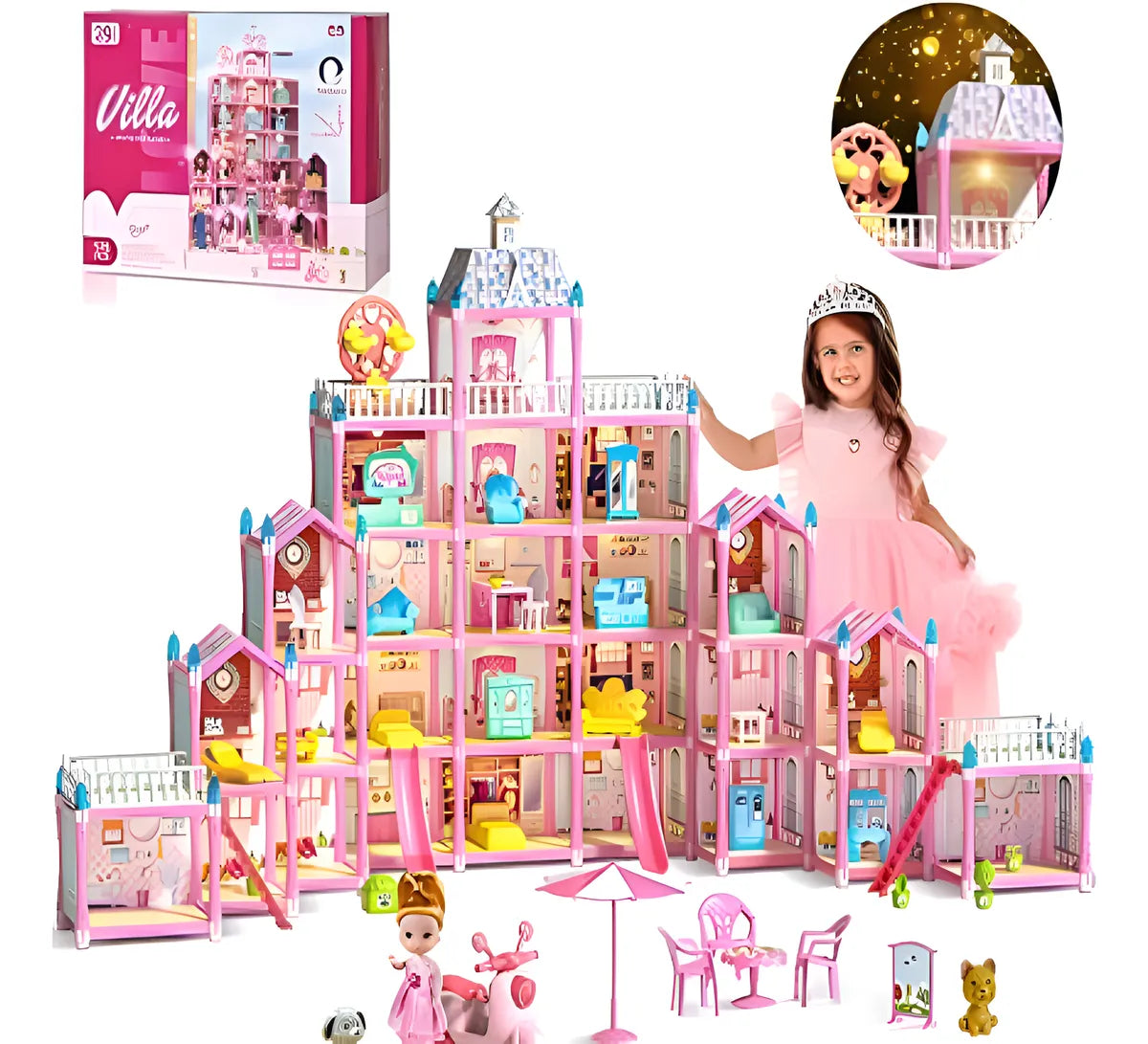 Casa De Muñecas 5 Pisos, 29 Habitaciones Rosa