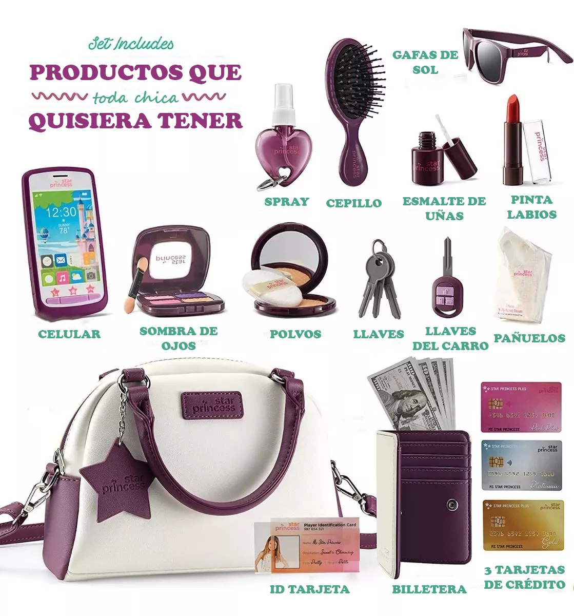 Bolso para niñas con accesorios de simulación