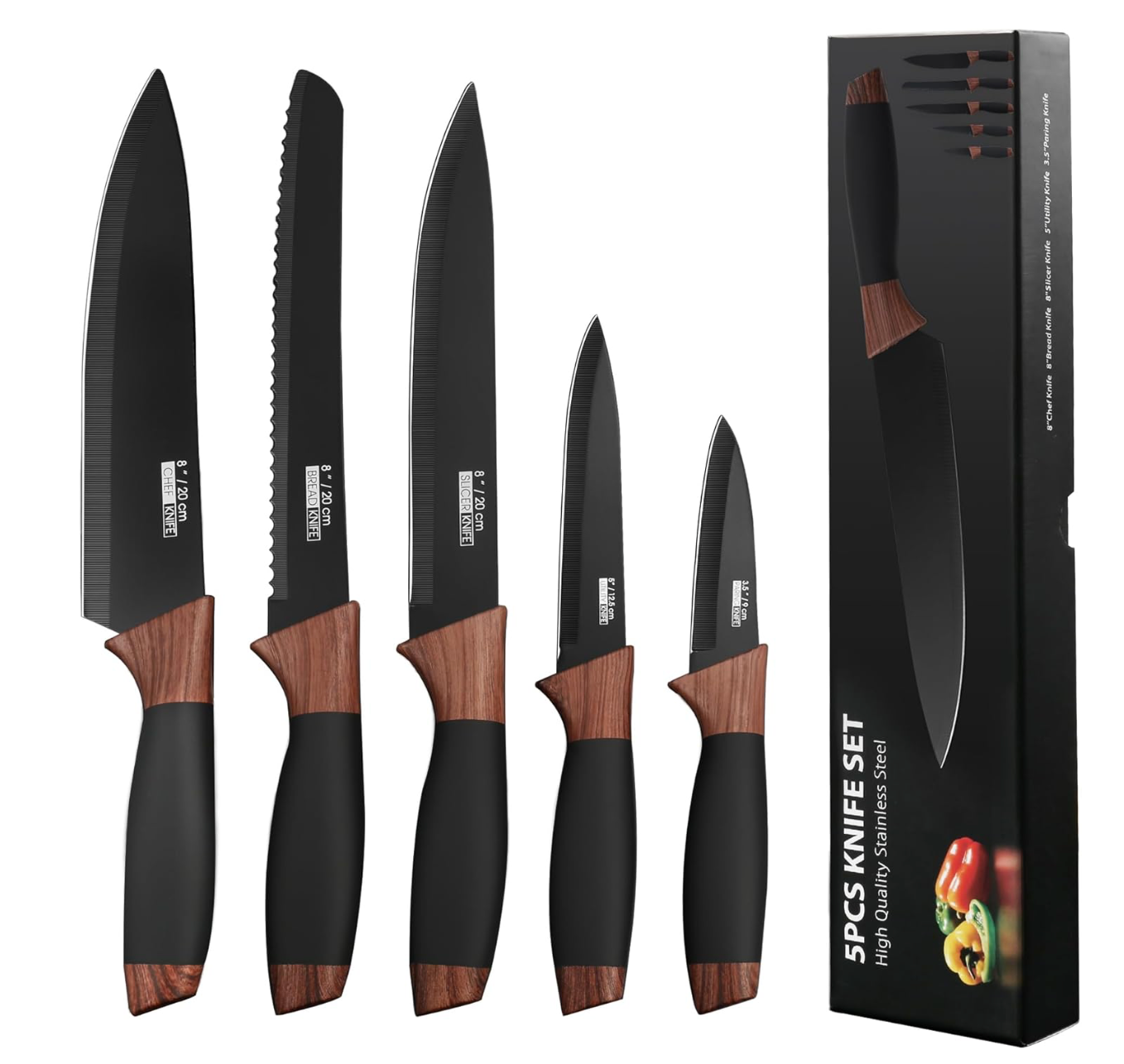 Juego de 5 cuchillos con revestimiento antiadherente