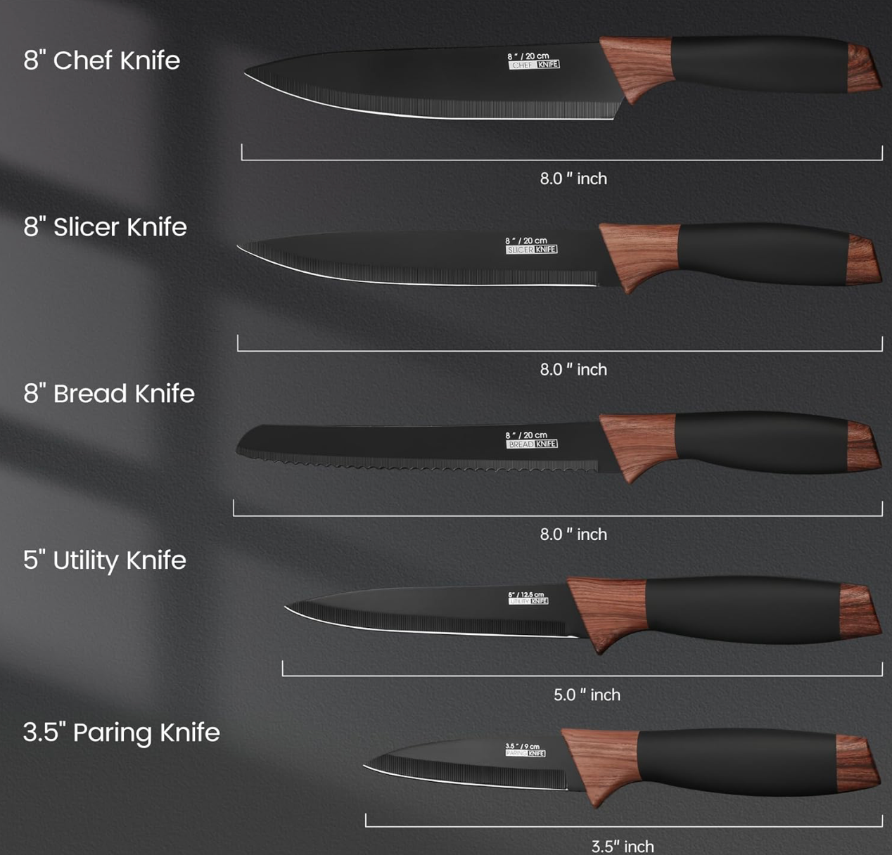 Juego de 5 cuchillos con revestimiento antiadherente