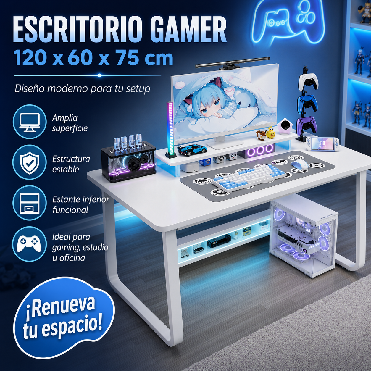 Escritorio Gamer Moderno con Estante Inferior