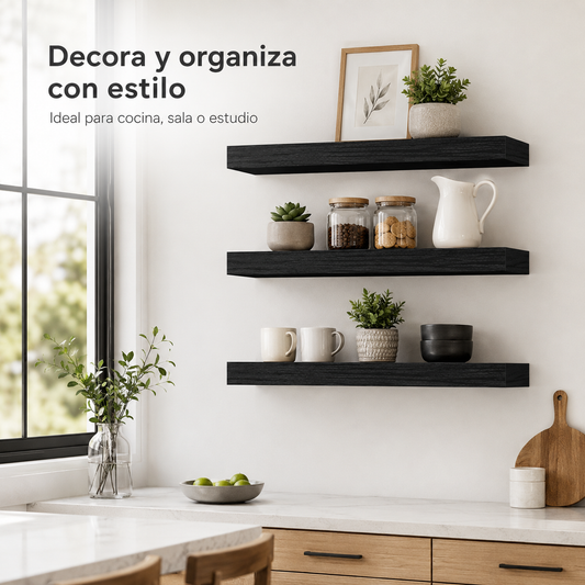 Set x 3 Repisas Flotantes Negras De Pared 40 cm Decorativas
