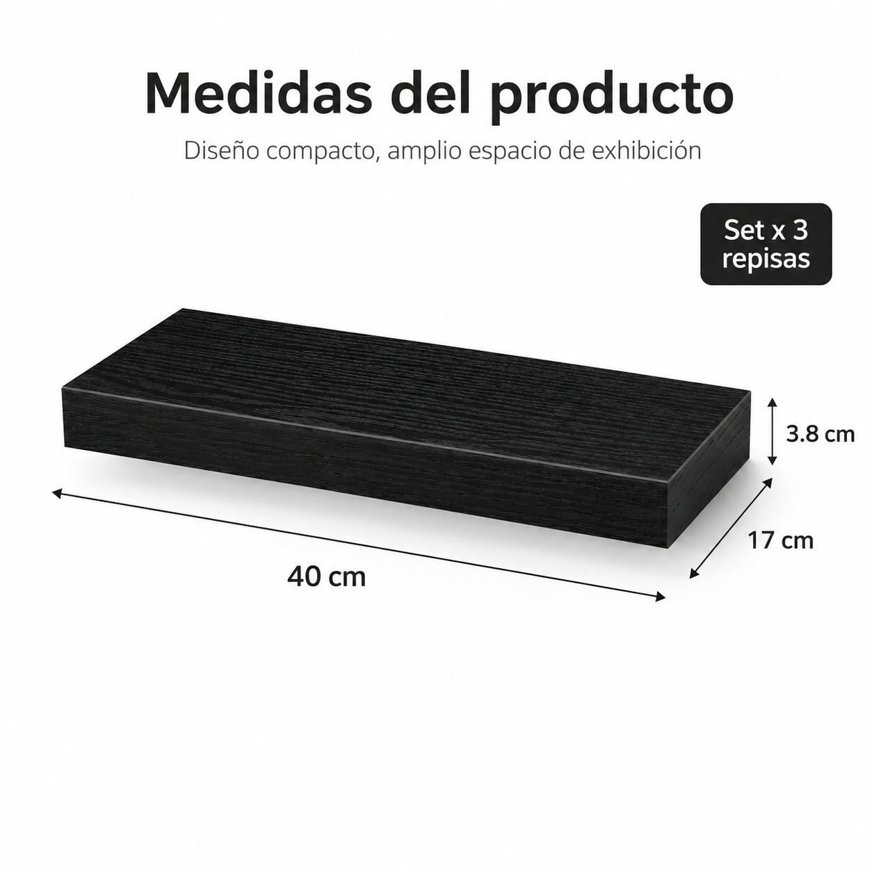 Set x 3 Repisas Flotantes Negras De Pared 40 cm Decorativas