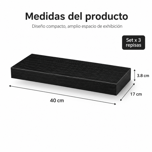 Set x 3 Repisas Flotantes Negras De Pared 40 cm Decorativas