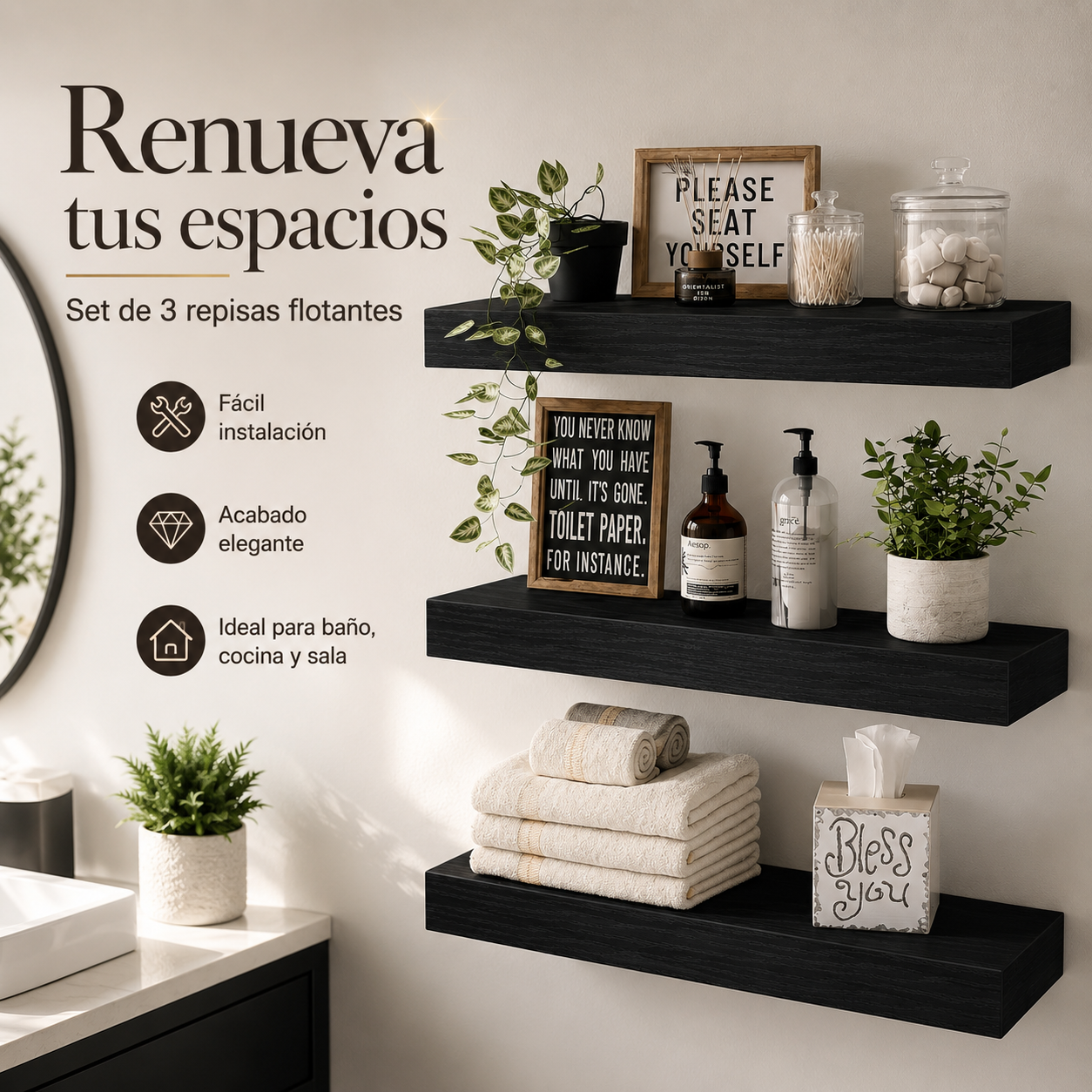 Set x 3 Repisas Flotantes Negras De Pared 40 cm Decorativas