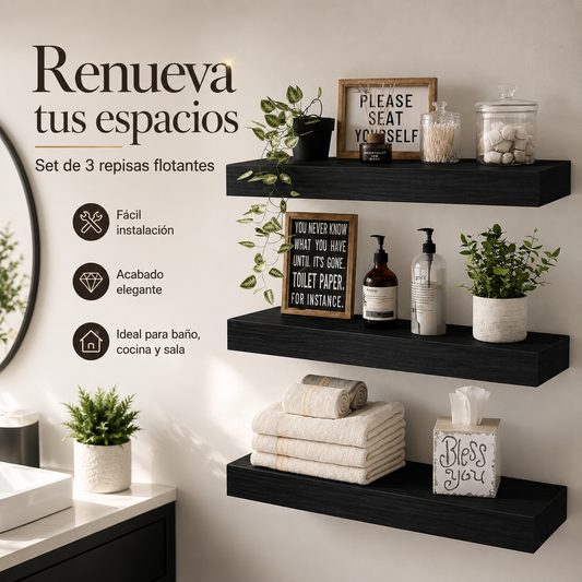 Set x 3 Repisas Flotantes Negras De Pared 40 cm Decorativas