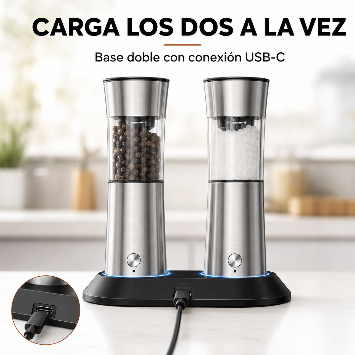 Set 2 Molinos Eléctricos Sal Pimienta Recargables USB C