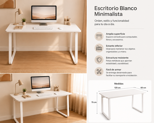 Escritorio Blanco Minimalista para Estudio u Oficina en Casa