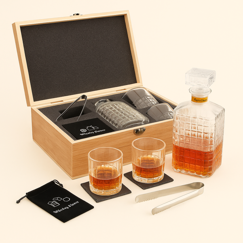 Juego de decantador de whisky con caja de madera