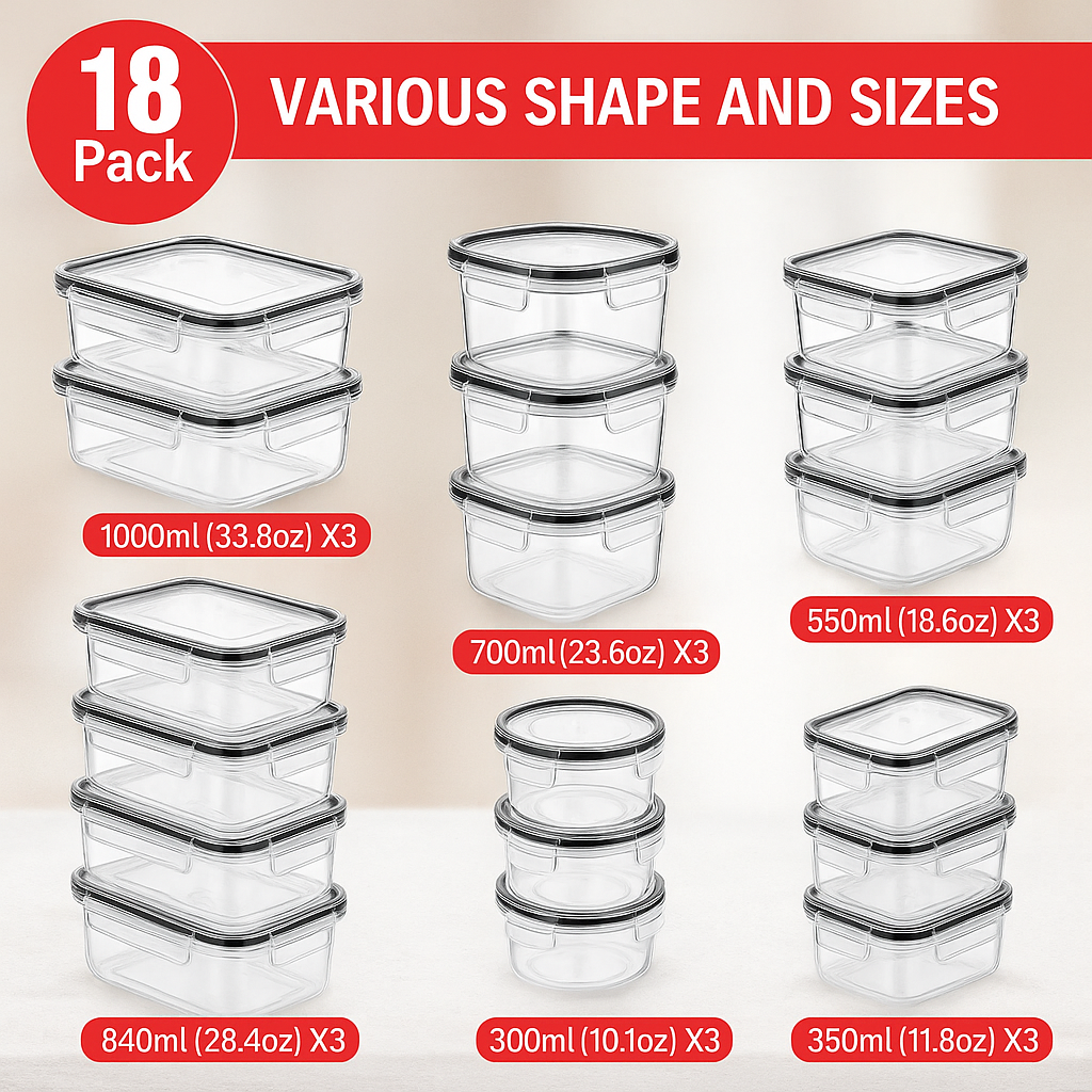 18 recipientes de almacenamiento herméticos con tapas
