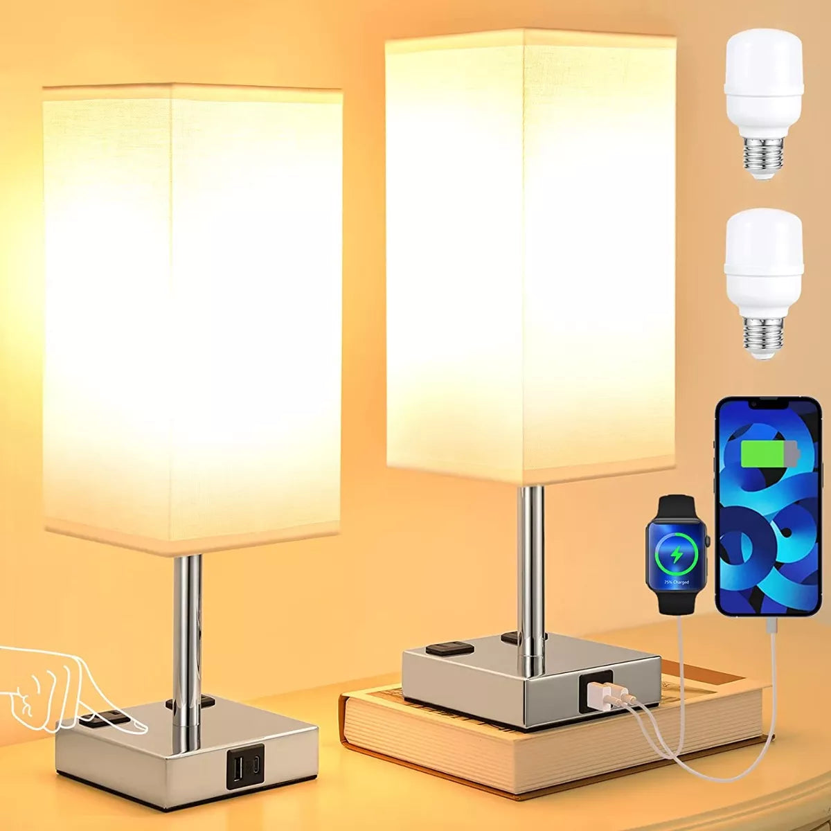 Lámparas mesita De Noche X2 + Cargador Tipo C y USB