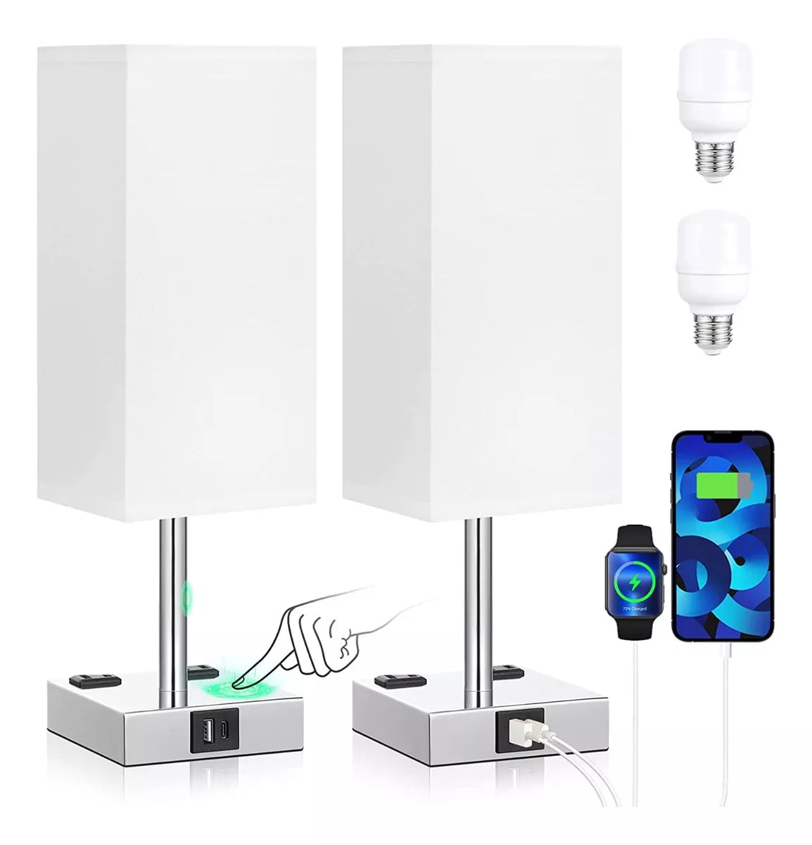 Lámparas mesita De Noche X2 + Cargador Tipo C y USB